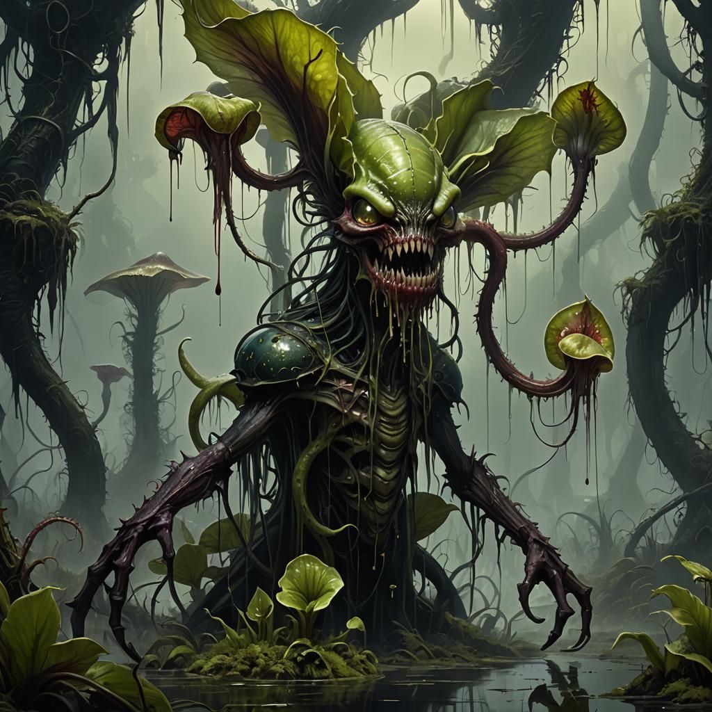 Alien Carnivorous Plant in Toxic Swamp, Dark Fantasy