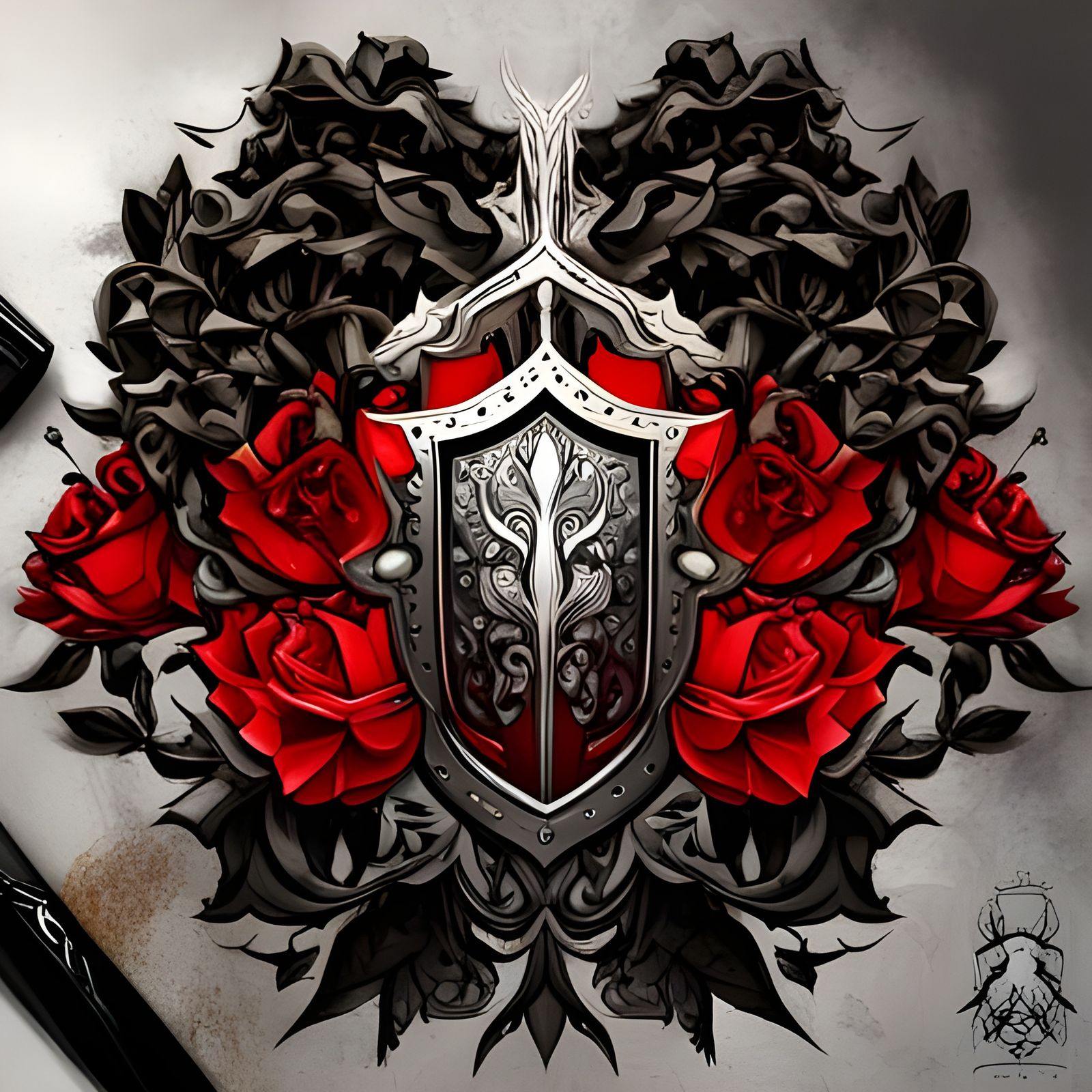 Gothic Coat of Arms with Sword and Roses