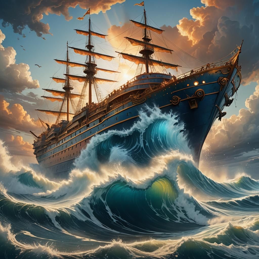 Fantastical Ship Hit by Massive Wave