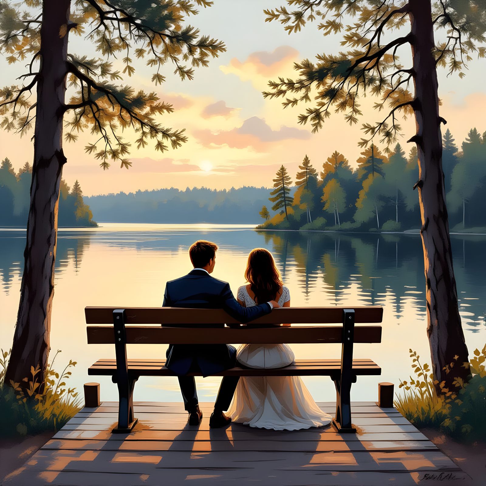 Couple on Dock at Blue Hour Lake