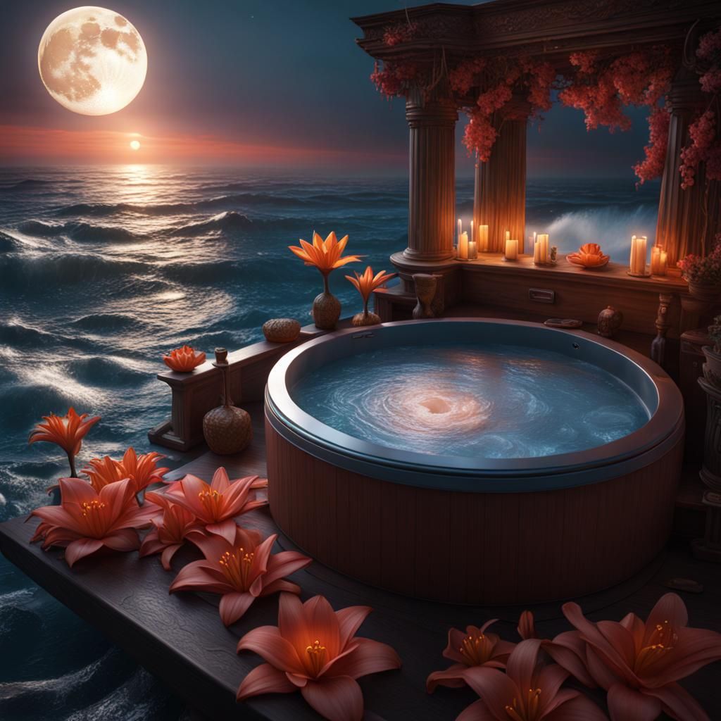 Dreamy Ocean Bedroom with Lilies in Fantasy Art