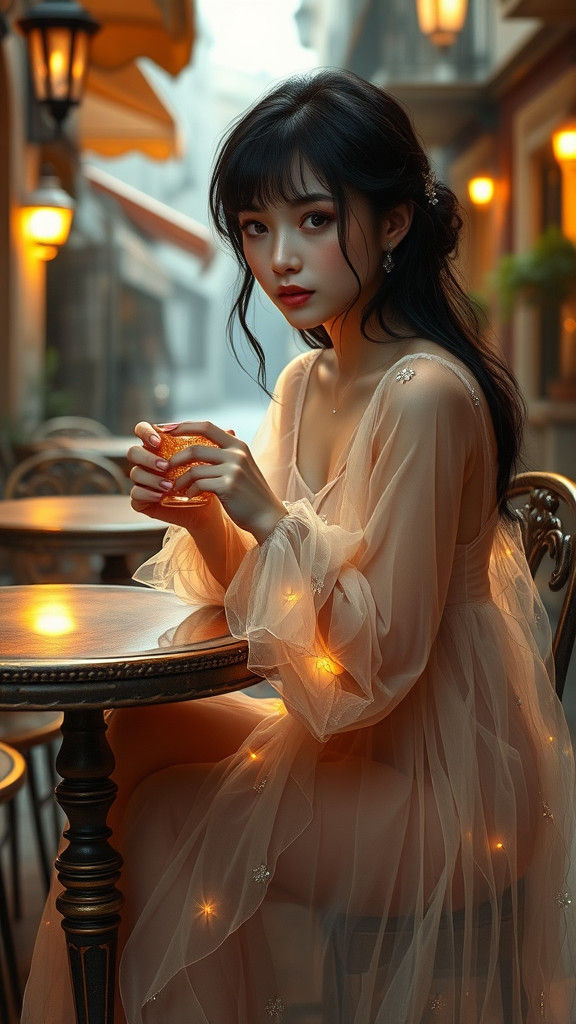 Girl in Neon Gown at European Cafe