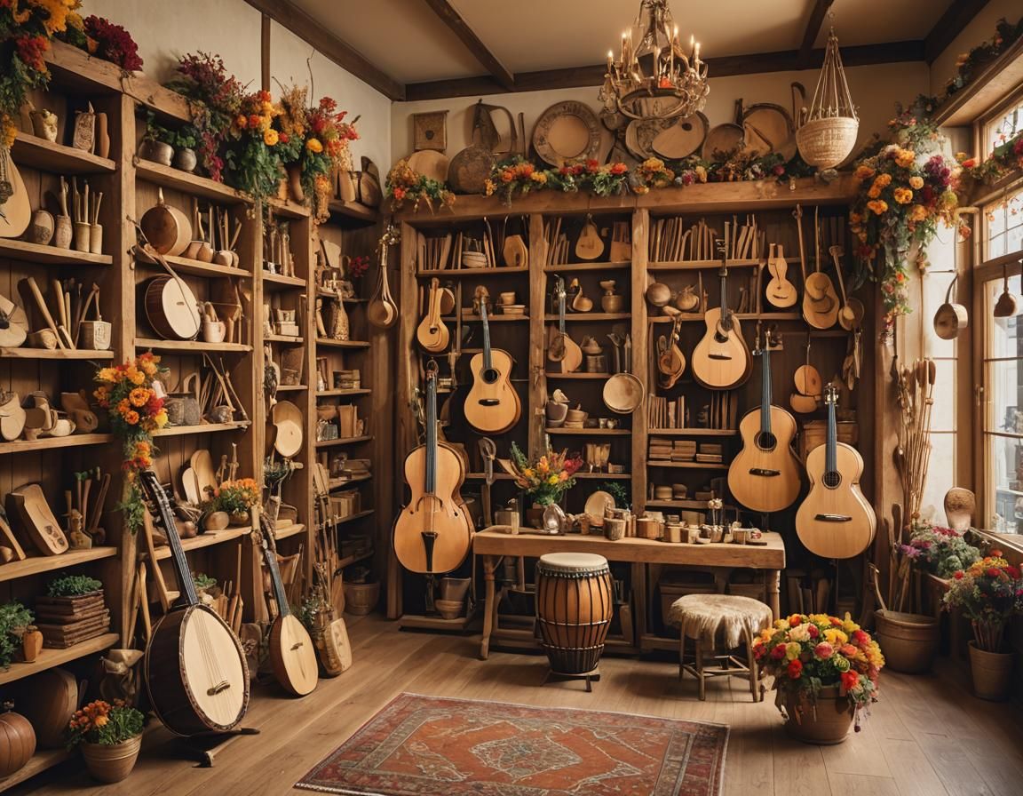 Rustic Music Shop with Autumnal Decor in Golden Light