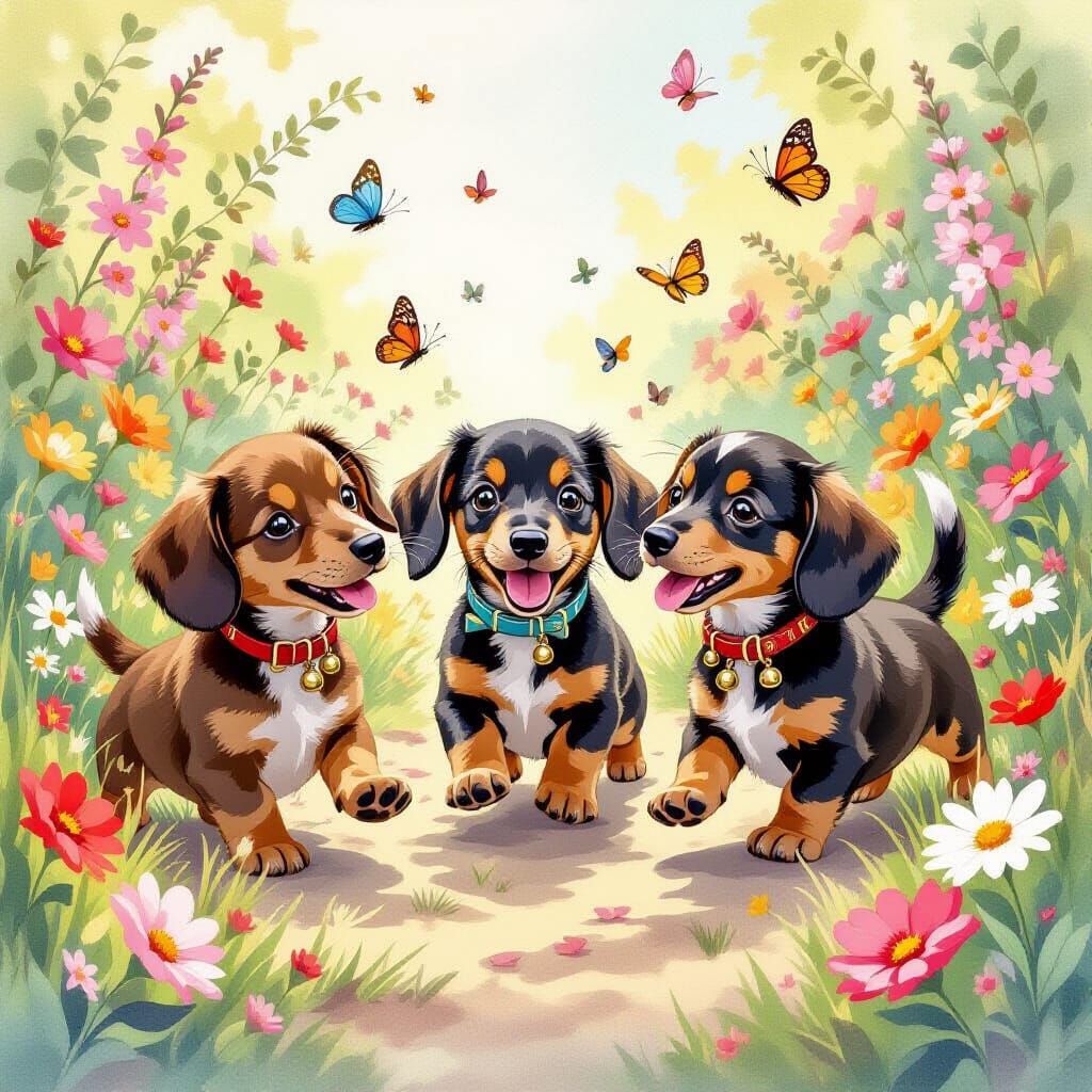 Dachshund Puppies Play in Whimsical Garden
