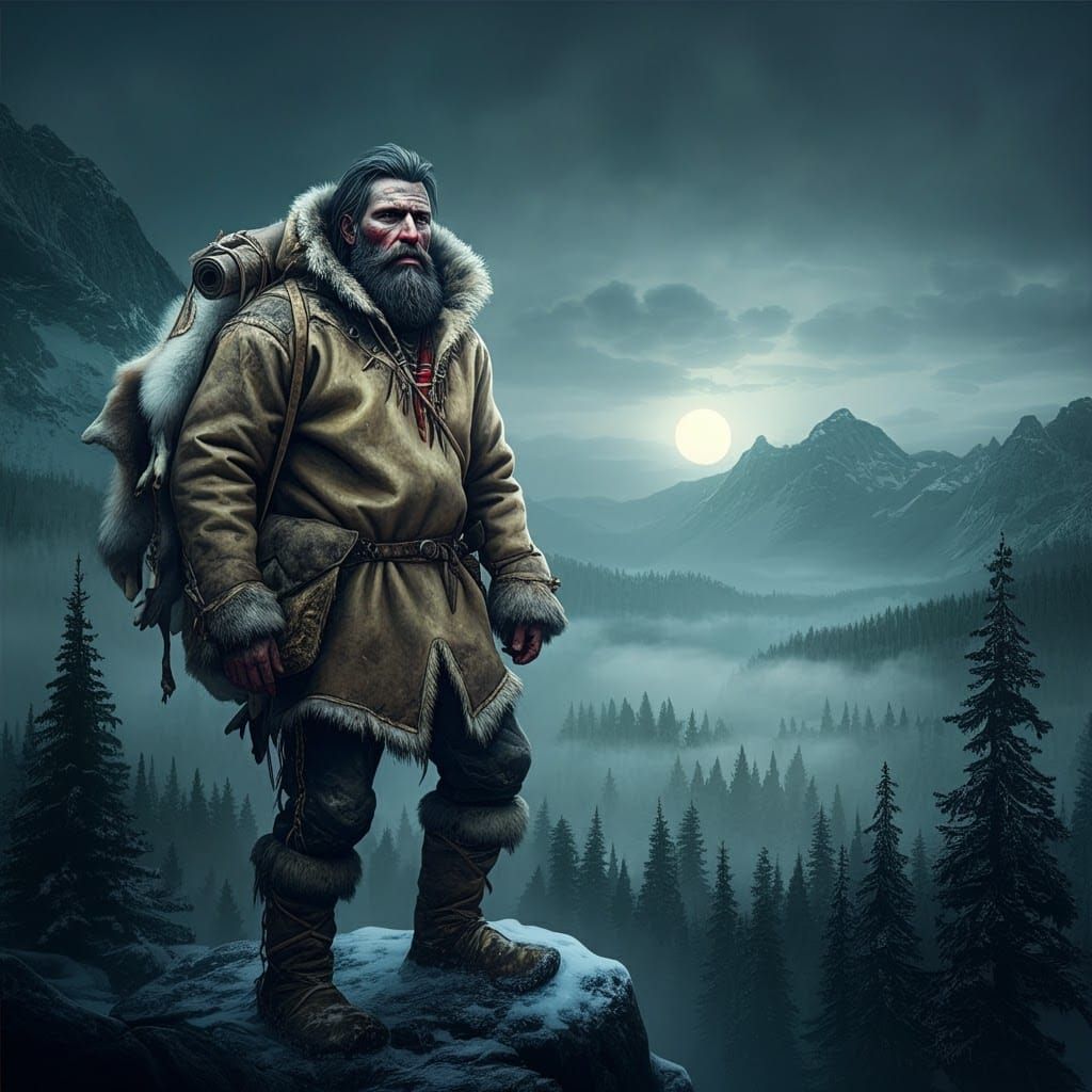 Mountain Man Overlooks Snowy Valley in Surreal Style