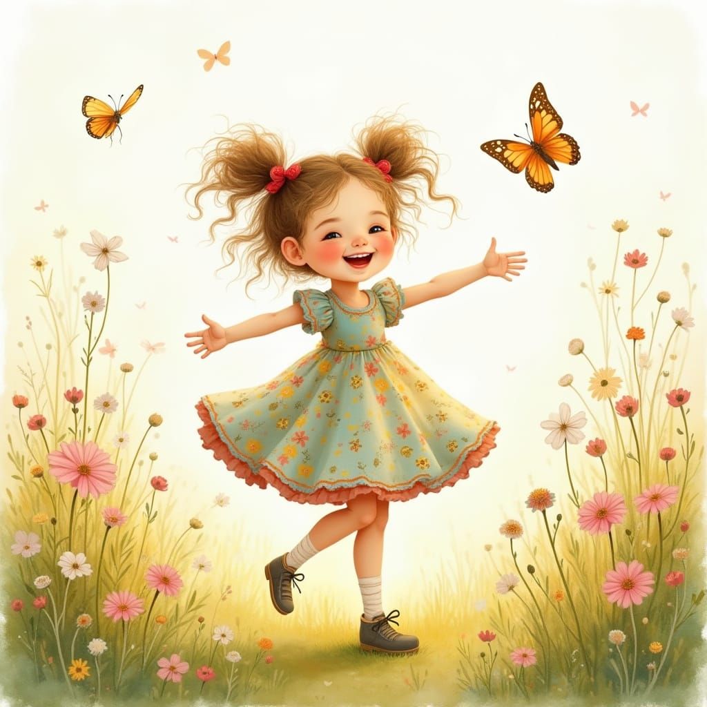 Joyful Girl Dancing in Meadow, Watercolor Illustration