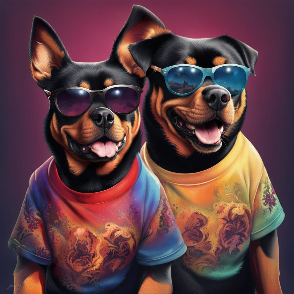 Rottweiler and Cat Wearing T-Shirts and Glasses