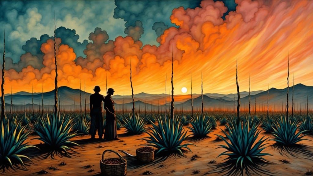 Workers in a Fiery Agave Field at Sunset