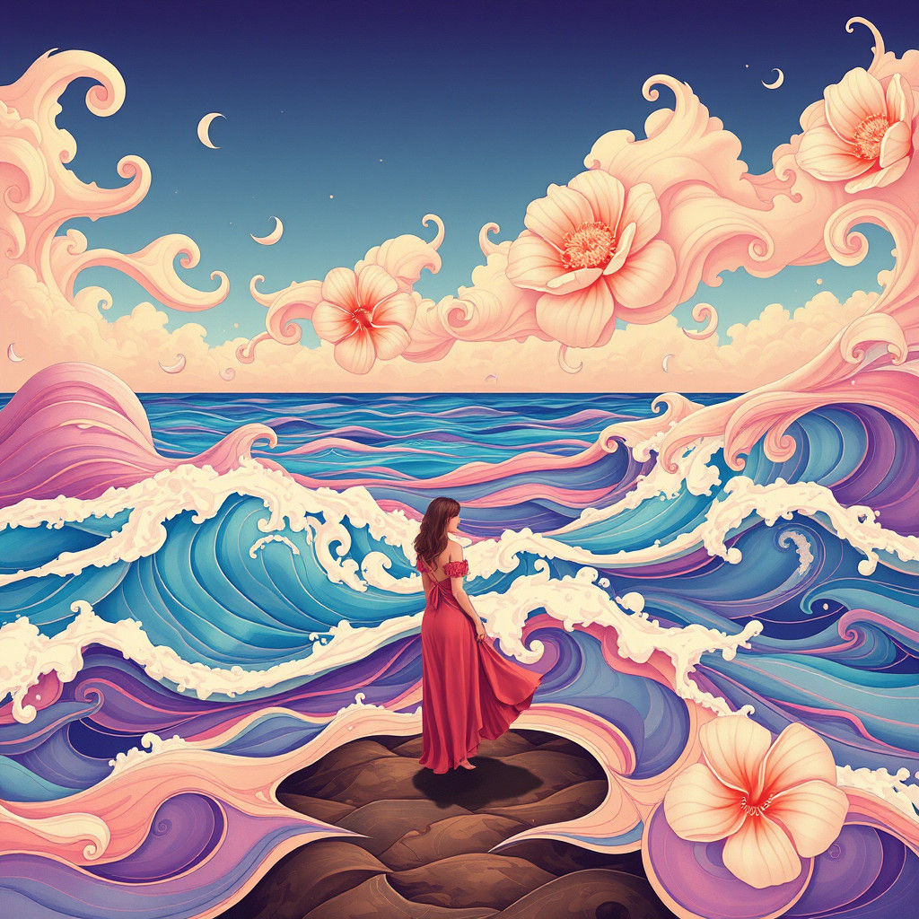 Woman Amidst Floral Clouds in Art Nouveau Style