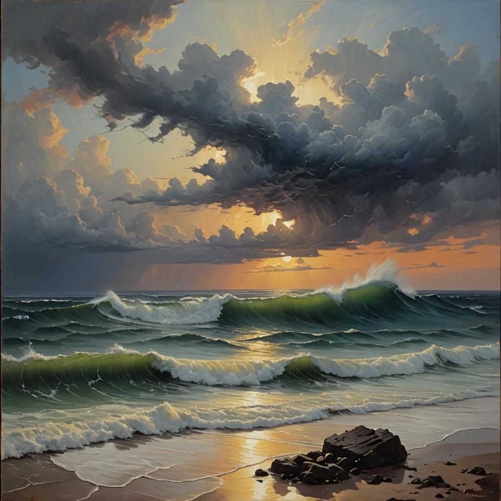 Tranquil Dawn After the Storm, Oil Painting