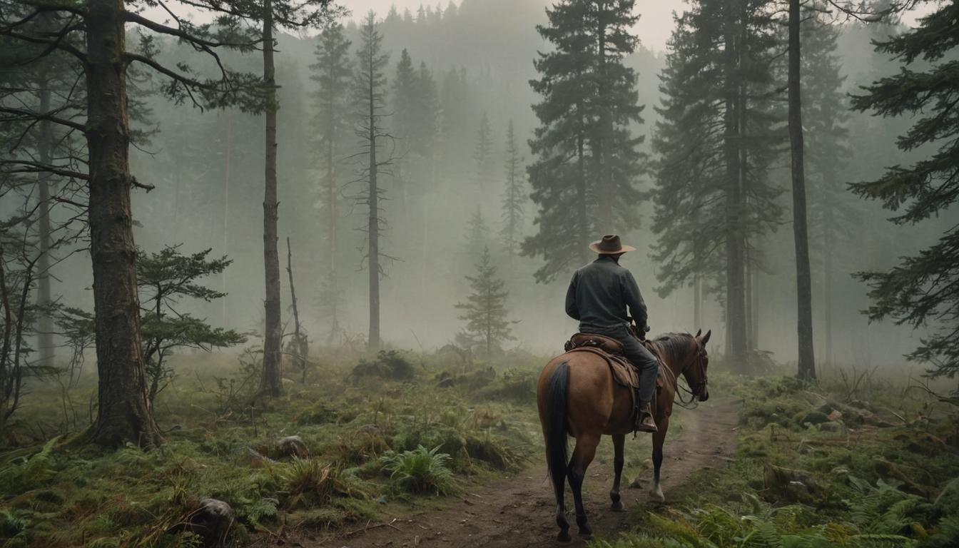 Lone Horse Rider in Misty Golden Forest