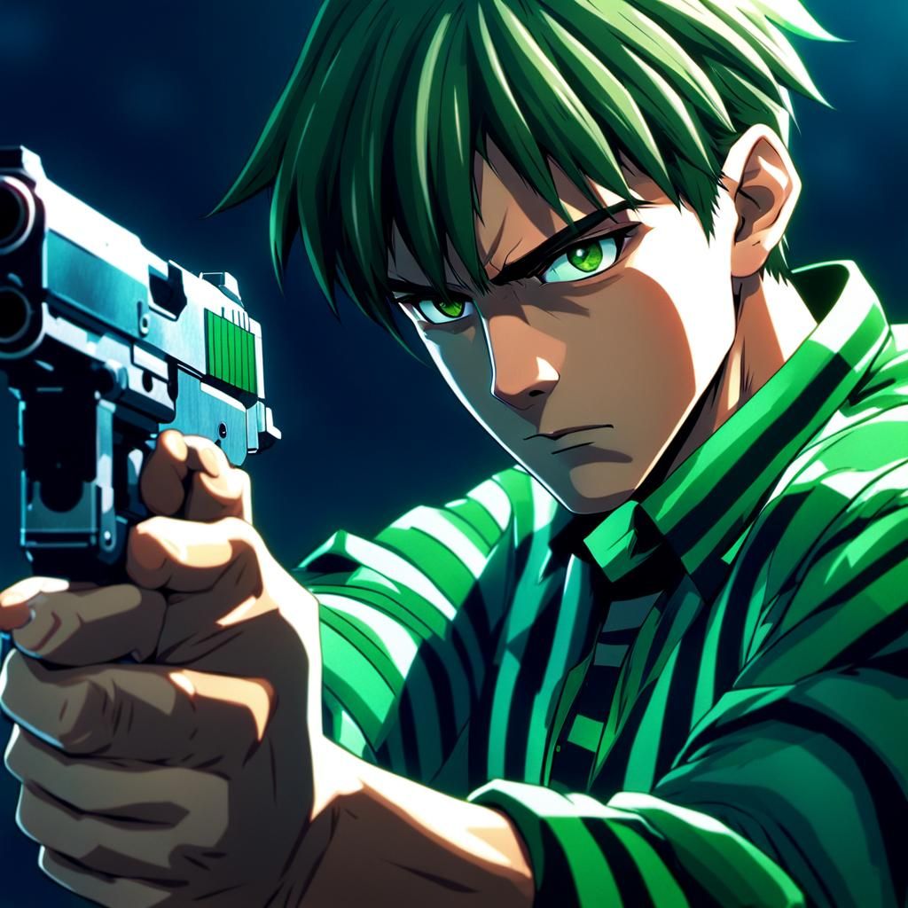 Anime Man Aims Gun in Cinematic Style