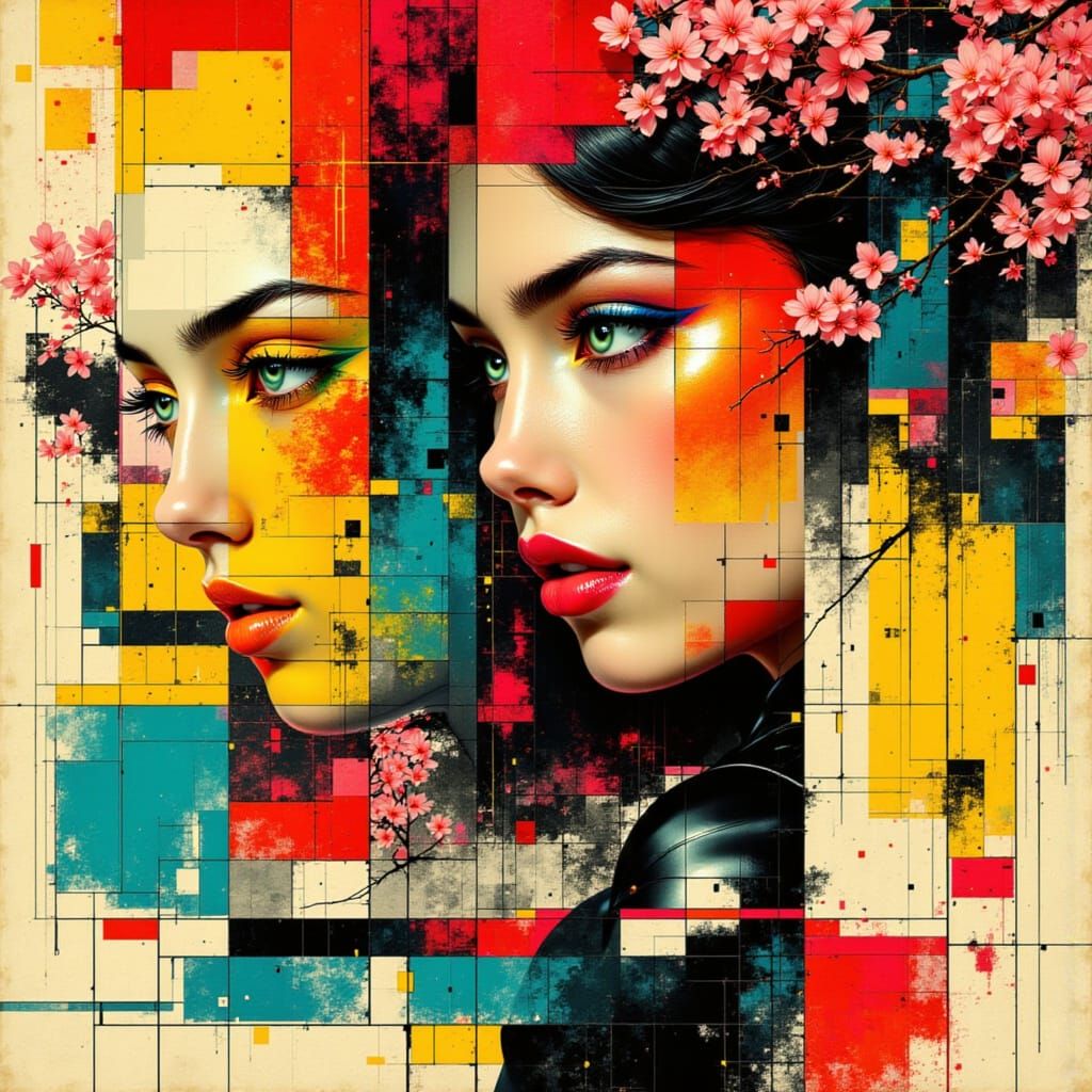 Abstract Pin-Up with ASCII Overlay in Mondrian Style