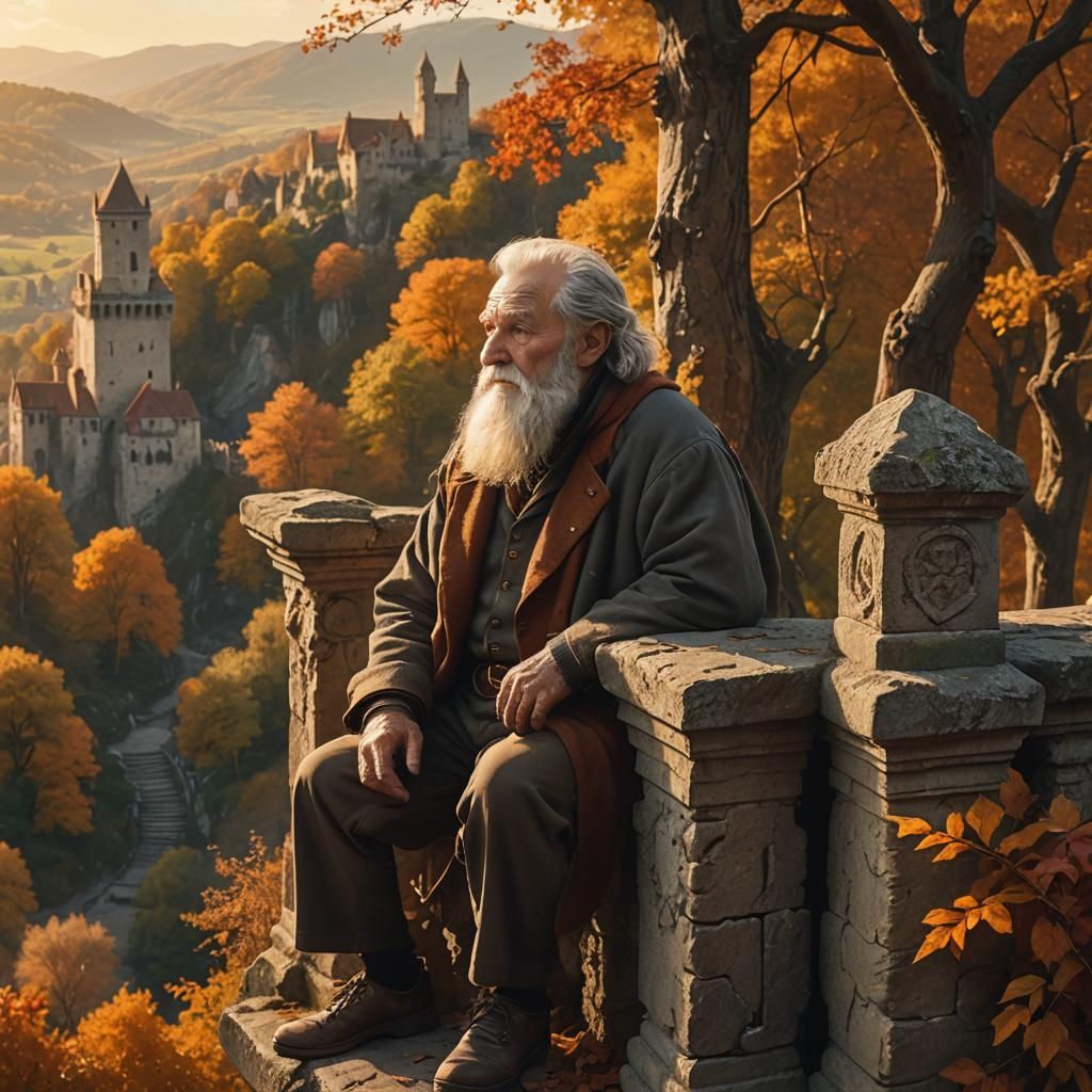 Old Man Contemplates Autumnal Landscape at Sunset