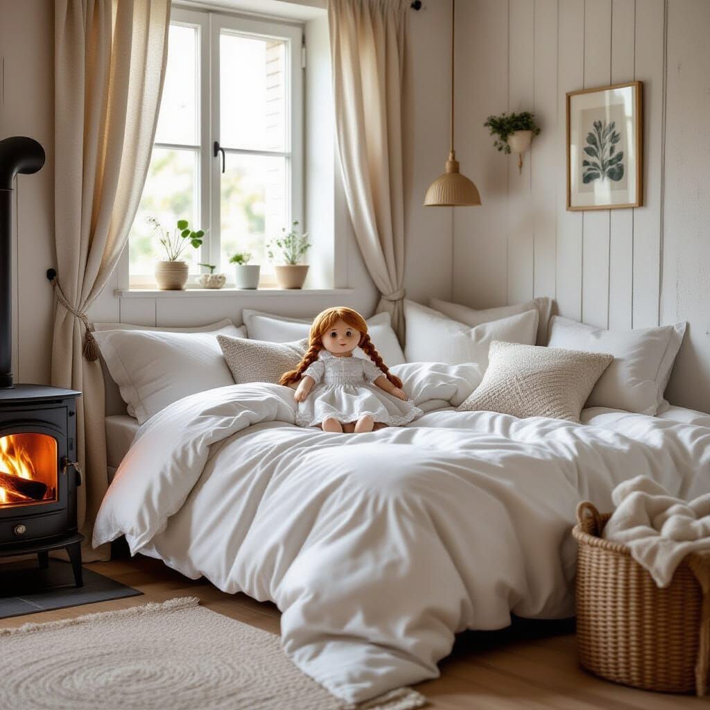 Cozy Bedroom Scene with Lace, Doll, and Russian Stove