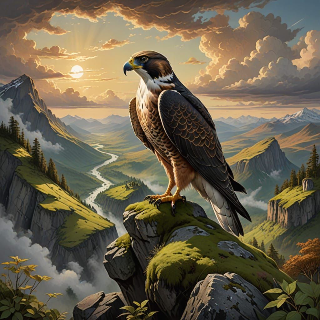 Regal Falcon Perched on a Moss-Covered Rock in a Breathtakin...