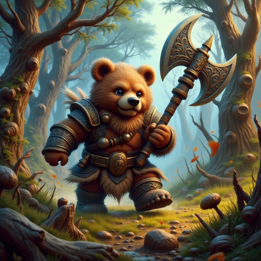 Cute Chibi Teddybear Wields Giant Axe in Whimsical Fantasy F...