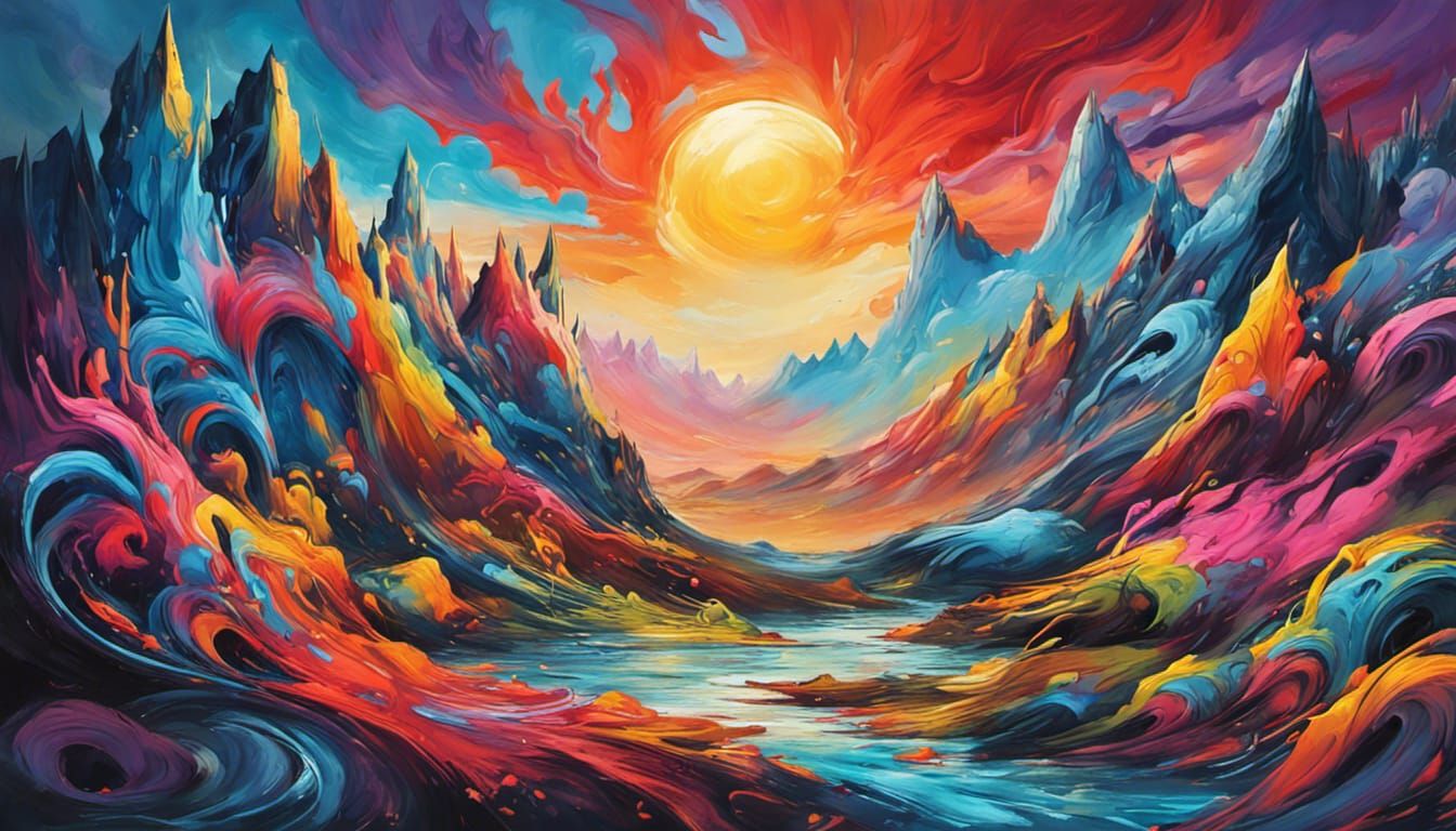 Colorful Mountain Landscape Painting with Waterfalls and Cab...