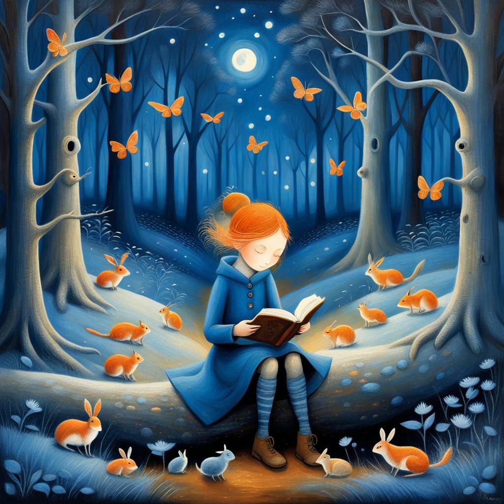 Girl Reads Book in Whimsical Midnight Forest