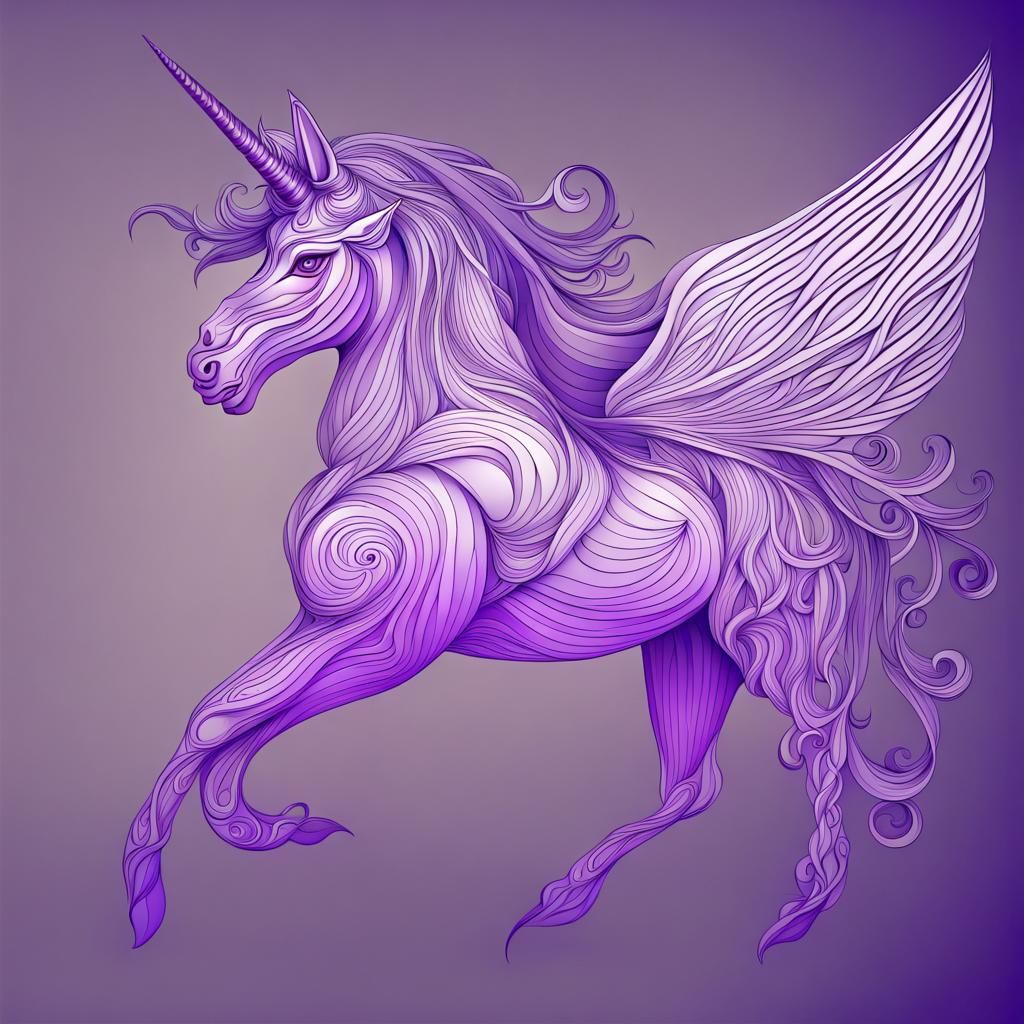 Winged Purple Unicorn in Flight with Fractal Elements