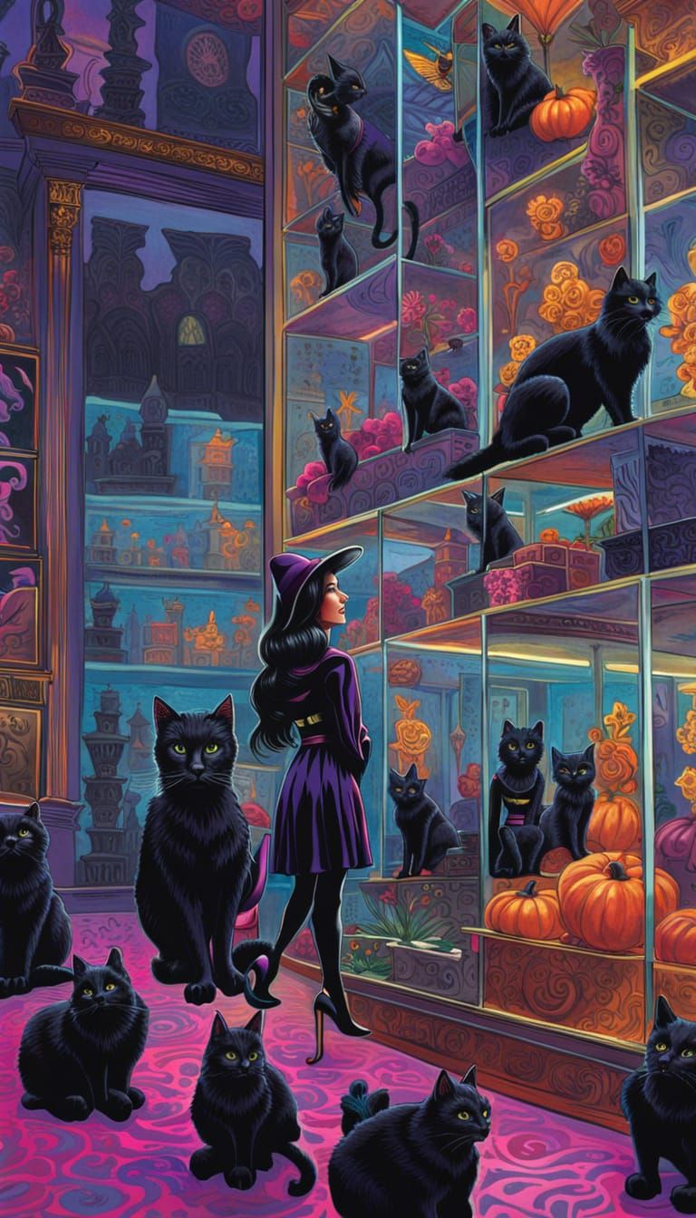 Witch at Black Cat Statue Display, Lisa Frank Style