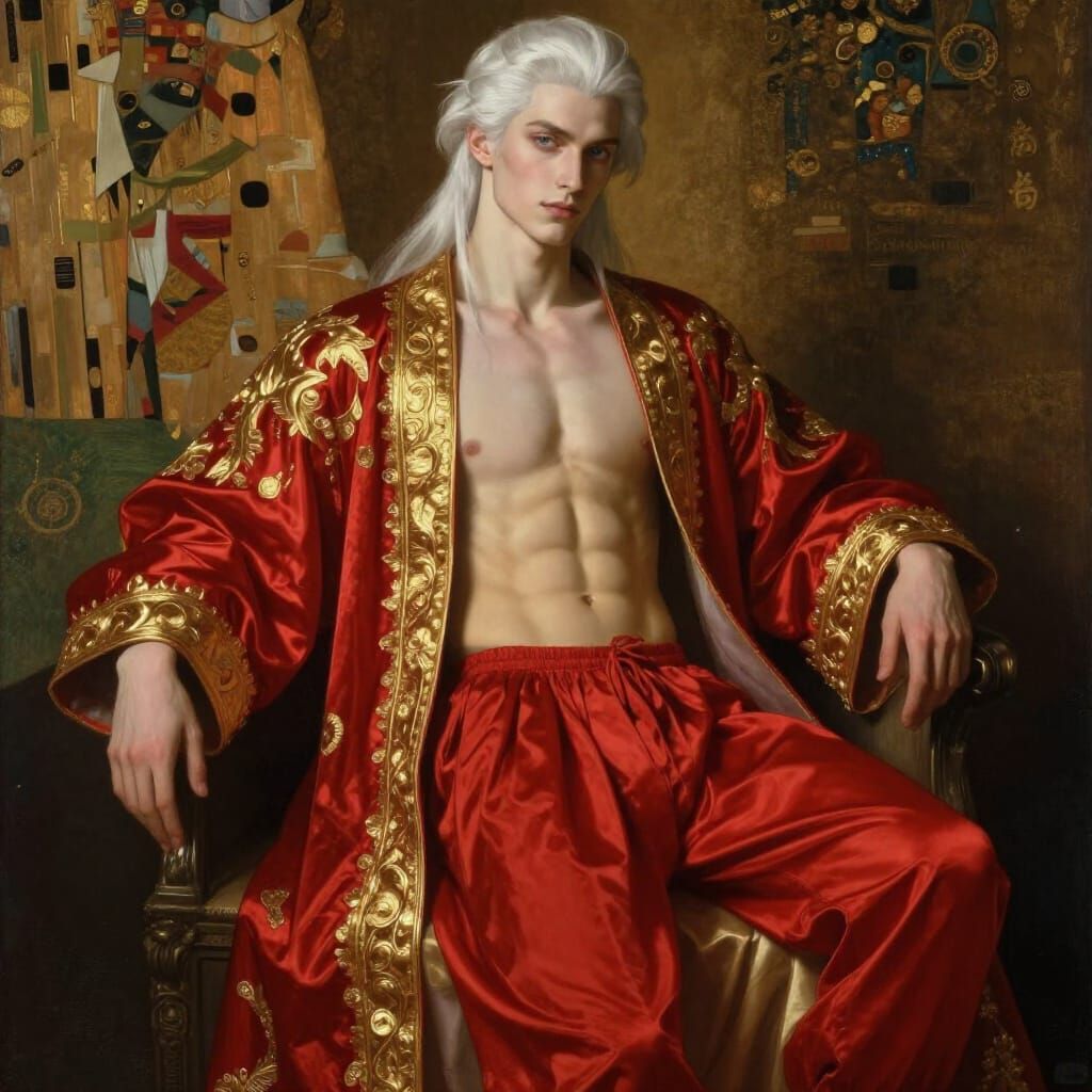 Exotic Male Beauty in Opulent Silk Robe
