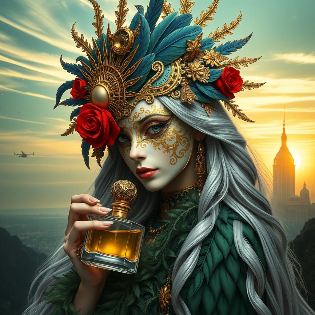 Mysterious Woman in Golden Headdress and Feathered Mask