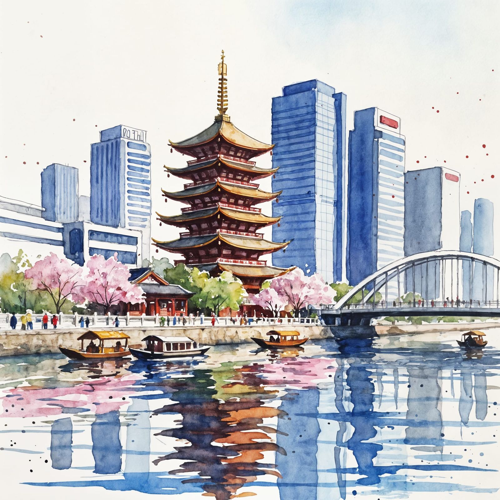Watercolor Pagoda Beside Modern City in Warm Tones