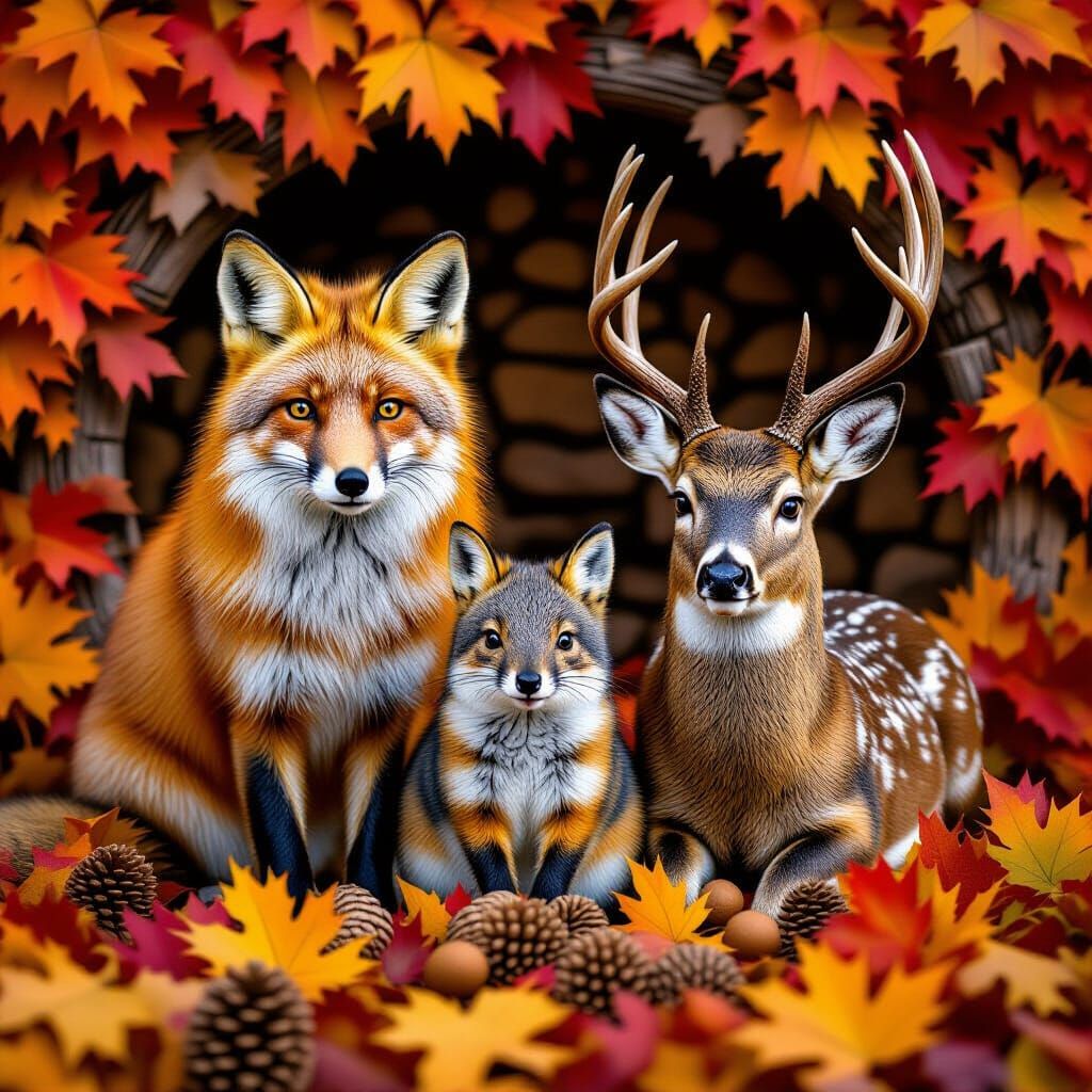 Autumn Animals in Rich Harvest Decor, Photorealistic Detail