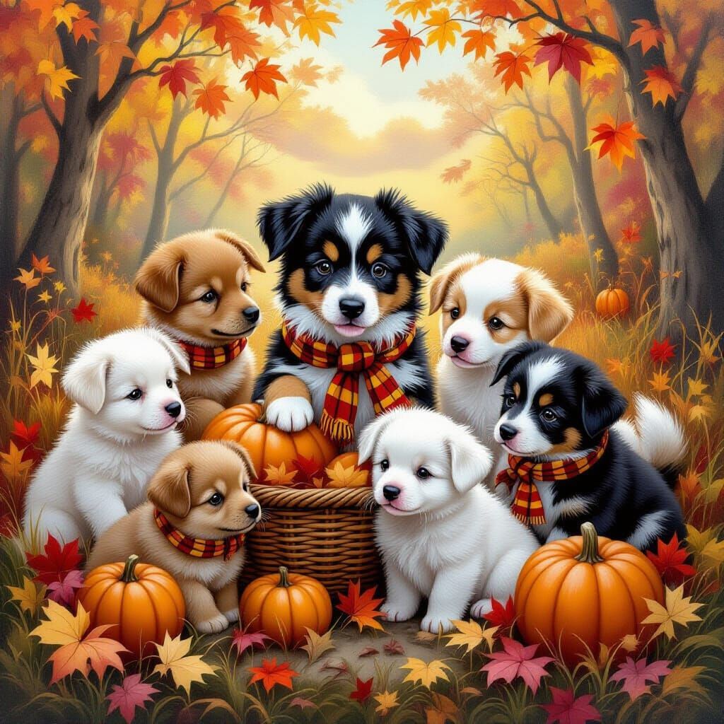 Cute Animals in Autumn Scene, Ultra Detailed