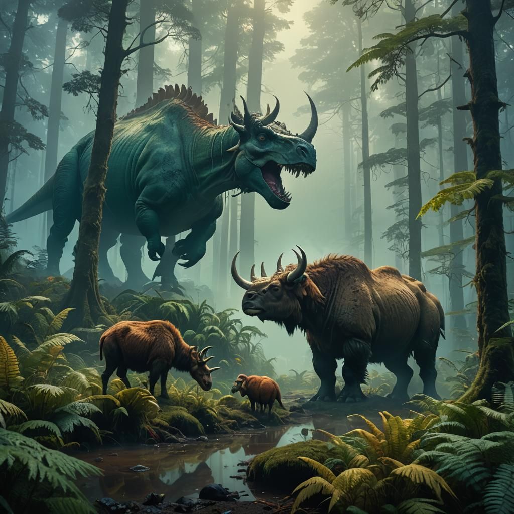 Dinosaur and Yak Encounter in Mystical Forest