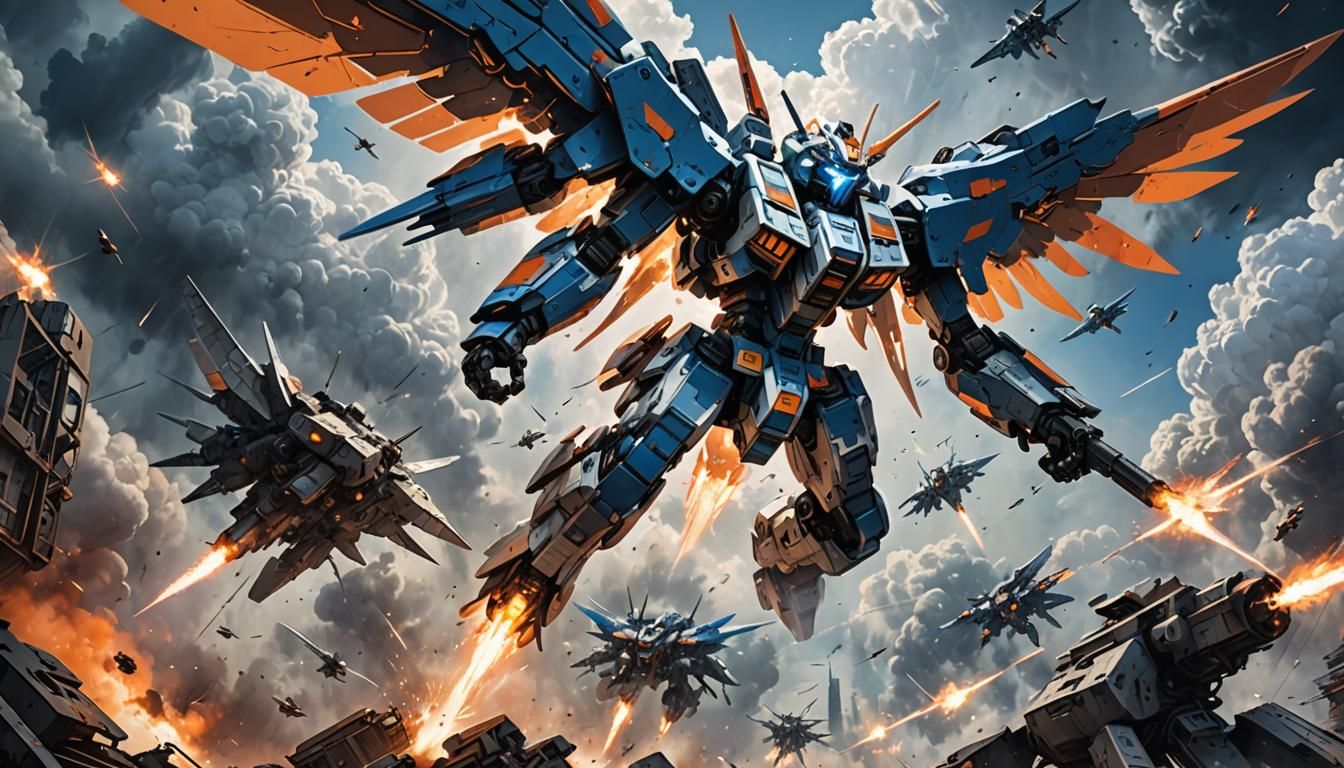 Winged Mecha Soaring Through Clouds in Epic Battle