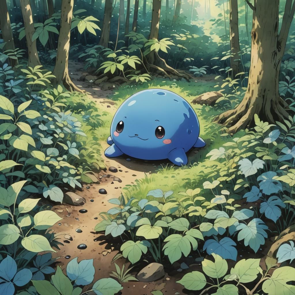 Cute Blue Blob in Ghibli-Style Anime Forest