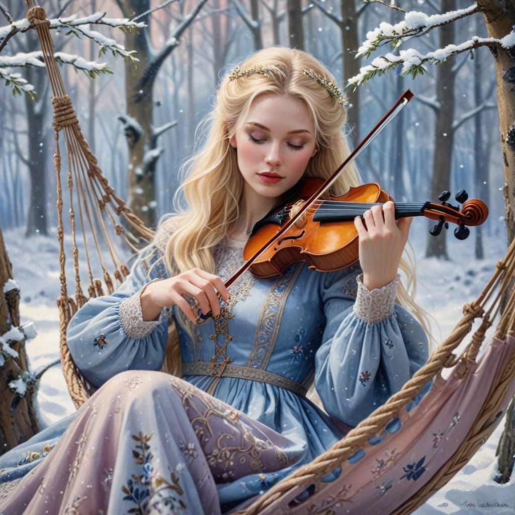 Enchanted Winter Scene with Violinist in Snowy Forest