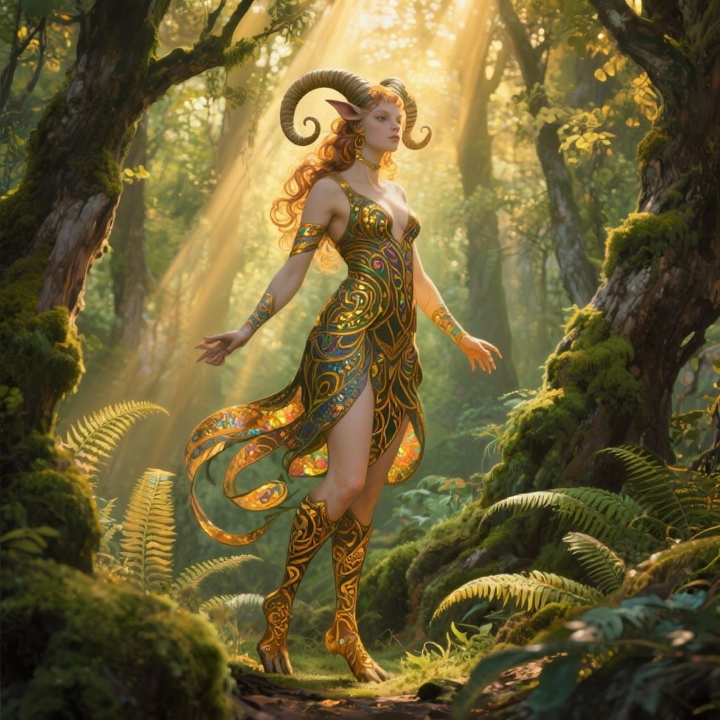 Art Nouveau Satyr in Sun-Dappled Ancient Forest