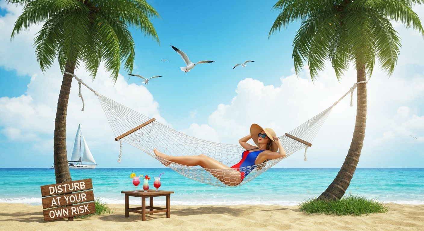 Woman Relaxing in Spider Web Hammock on Beach