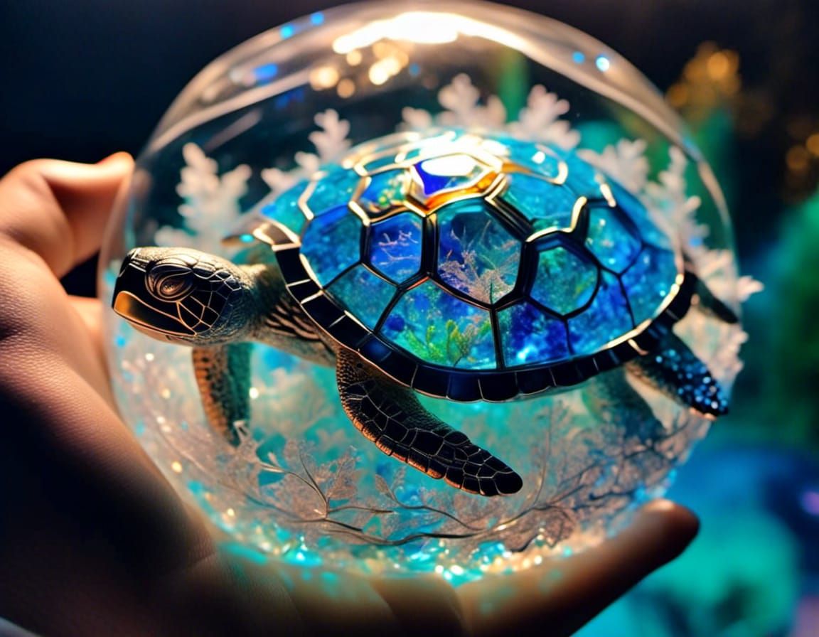 Crystal Turtle Aquarium with Bioluminescent Fish