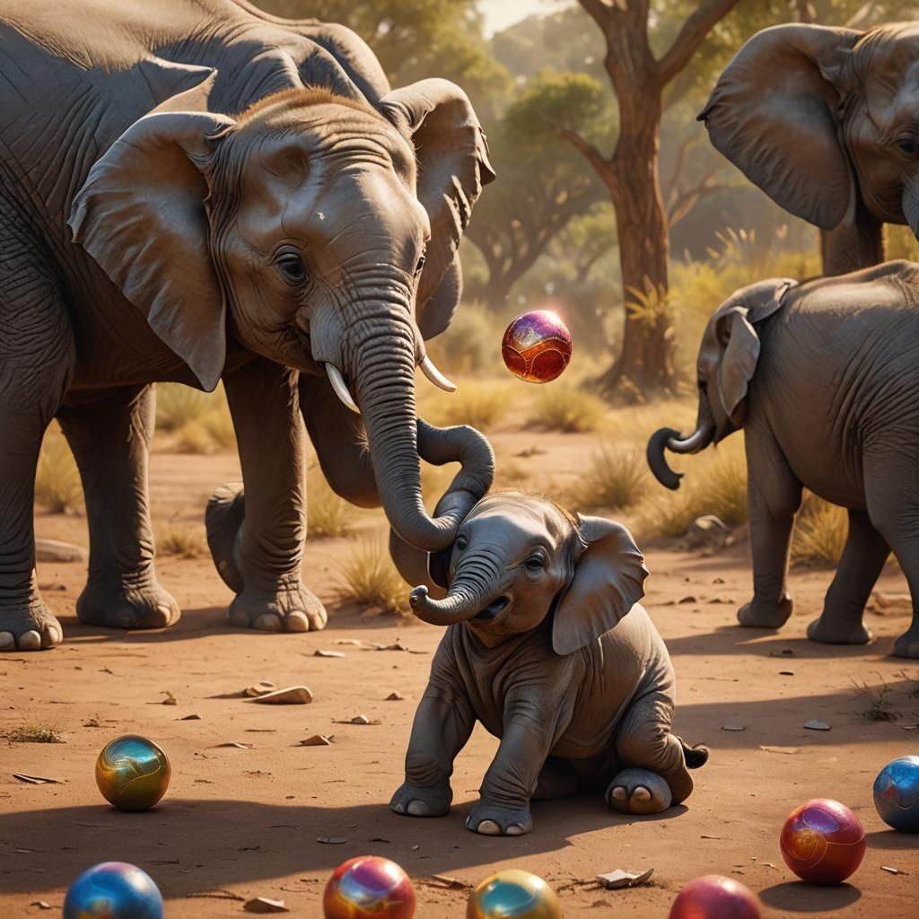 Baby Elephant Playtime: Hyperrealistic Digital Art