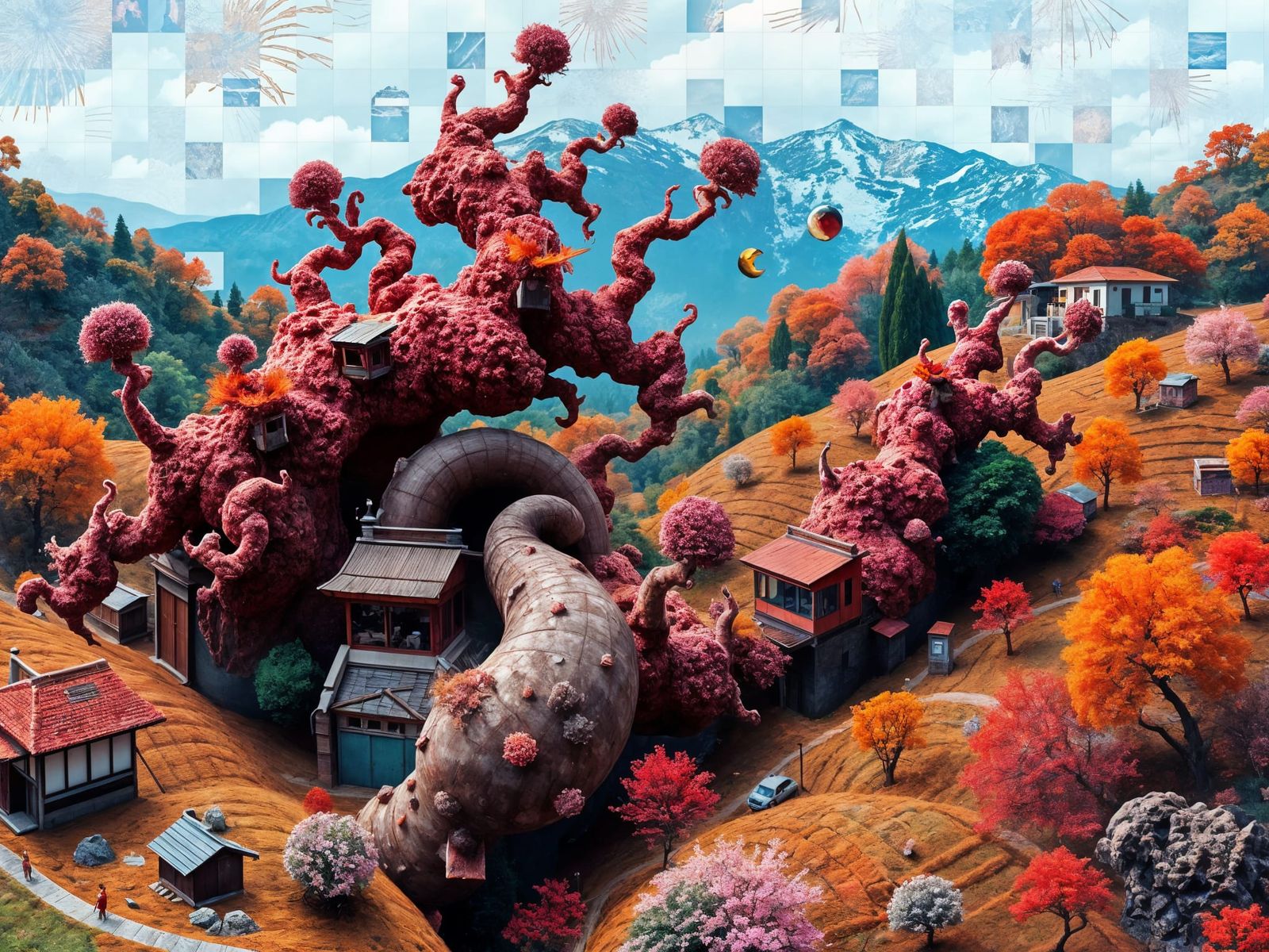Fractal Japanese Countryside Collage with Glitch Art