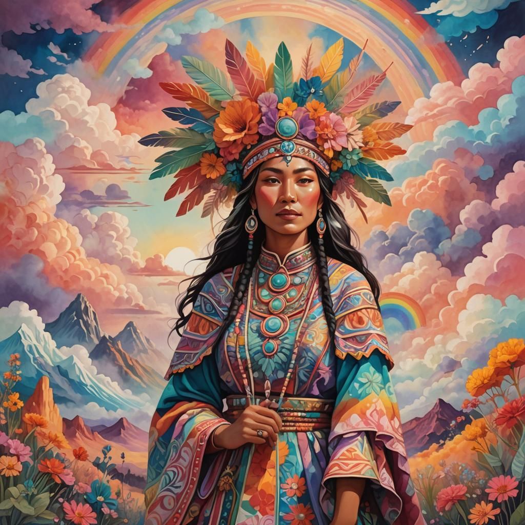 Dreamy Fantasy Landscape with Woman in Gouache Style