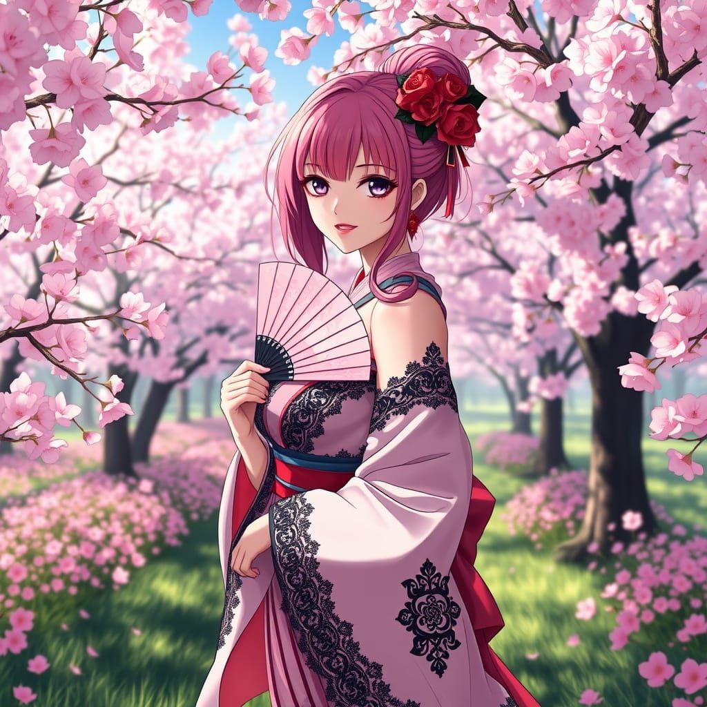 Gothic Goddess Amidst Cherry Blossoms in Vibrant Anime Style