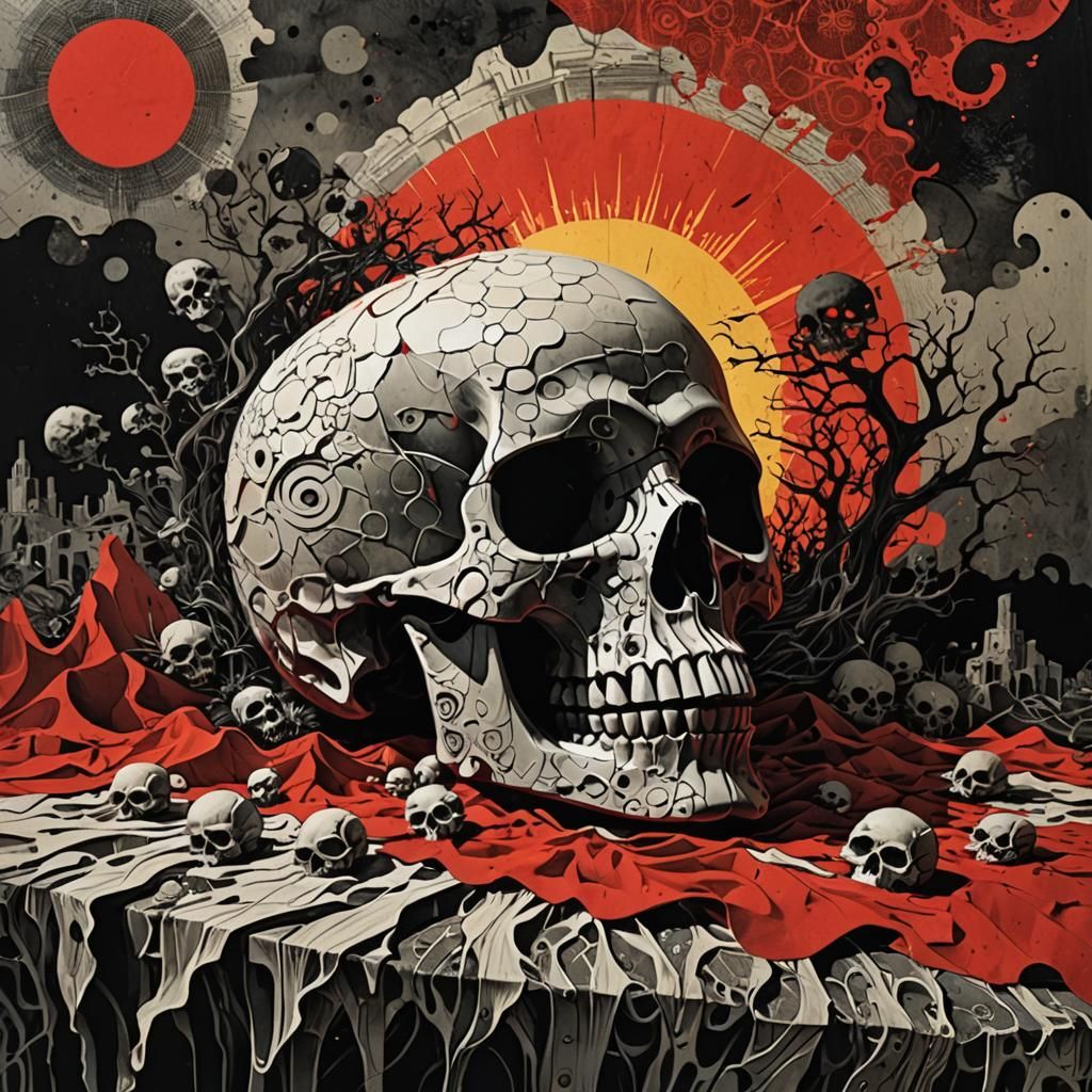 Surreal Skull Collage with Halftone Pattern and Red Accents