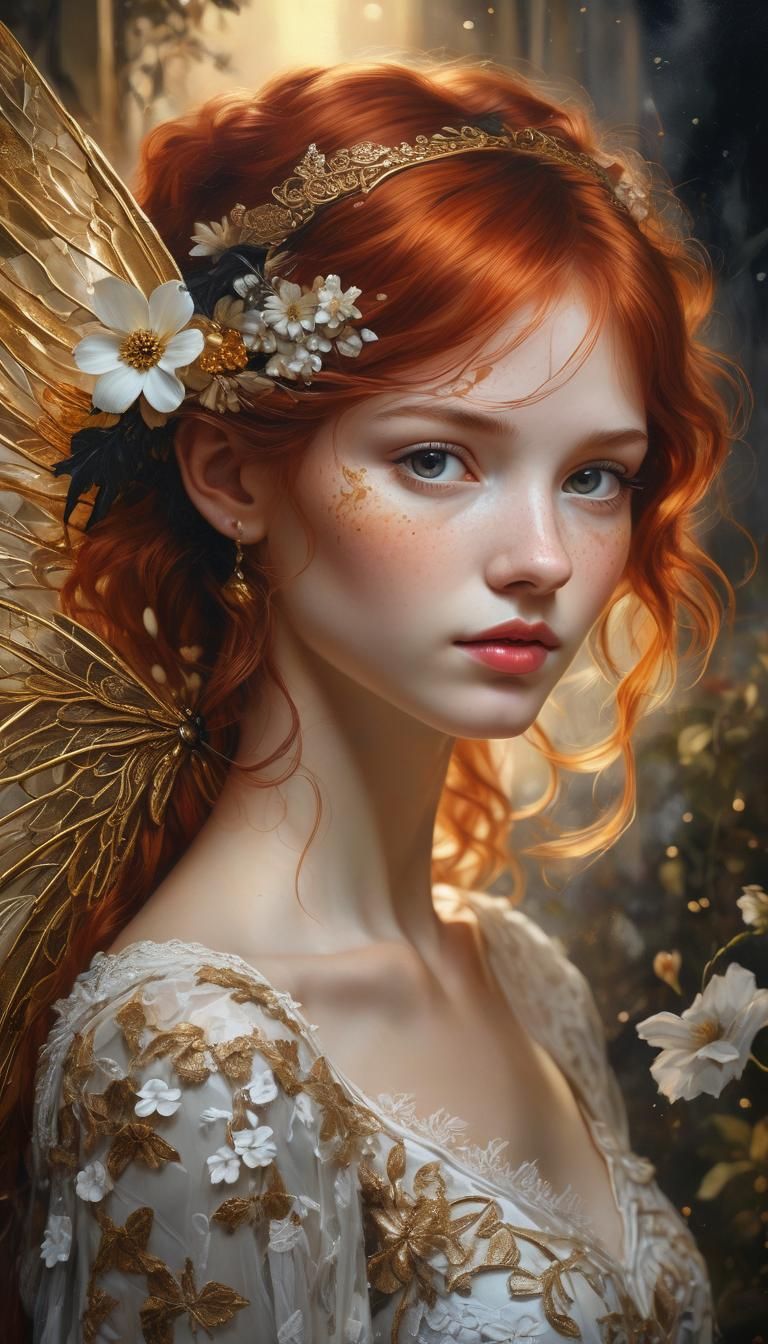 Red-Haired Fairy Portrait as Oil Painting
