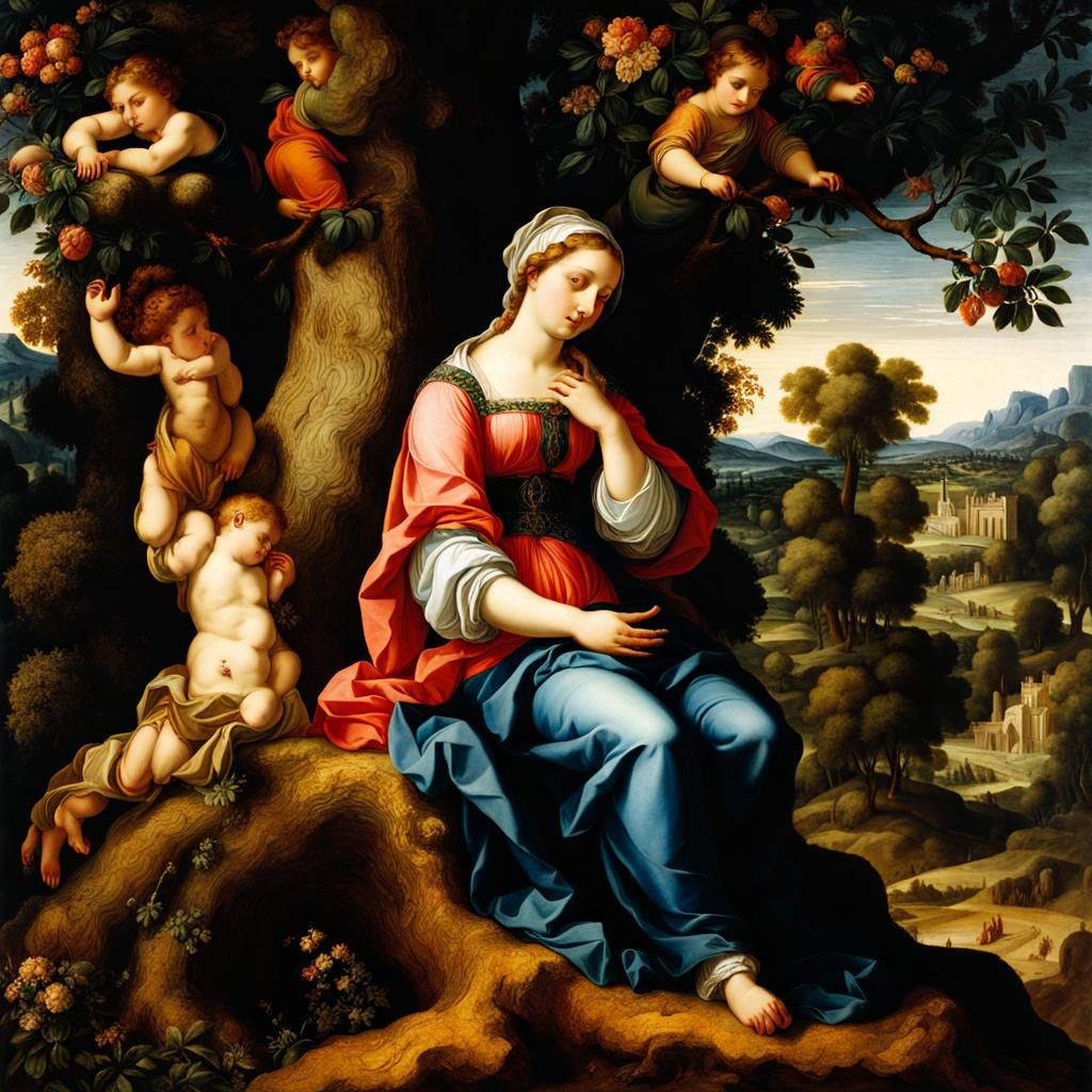 Maria on Tree: Renaissance Style Illustration