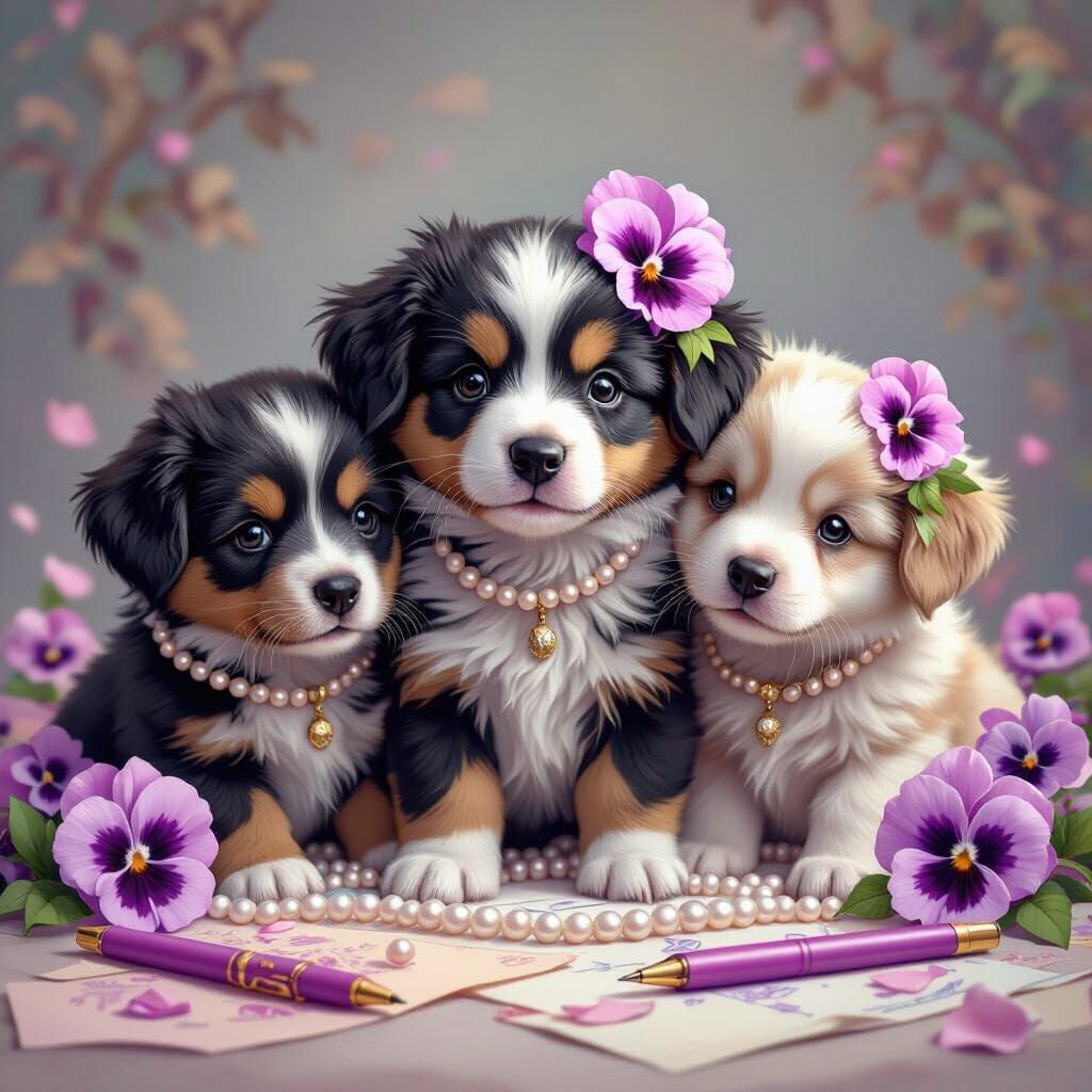 Puppies with Pearls and Pansies in Art Nouveau Style