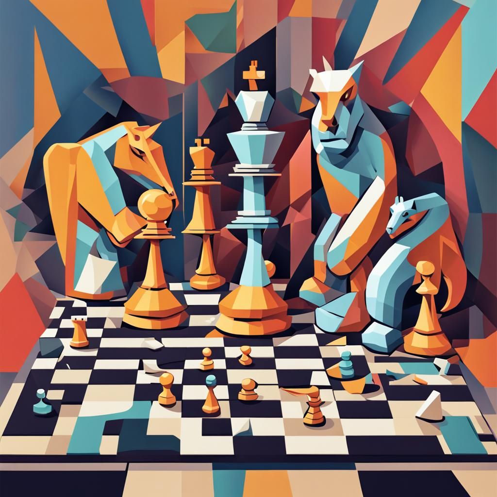 Epic Living Chess Battle in Cubist Art Style
