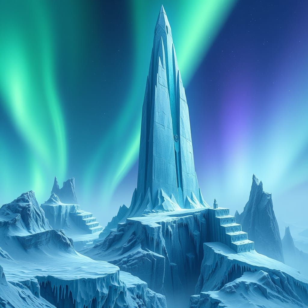 Glimmering Spire on Icy Cliffs Under Aurora