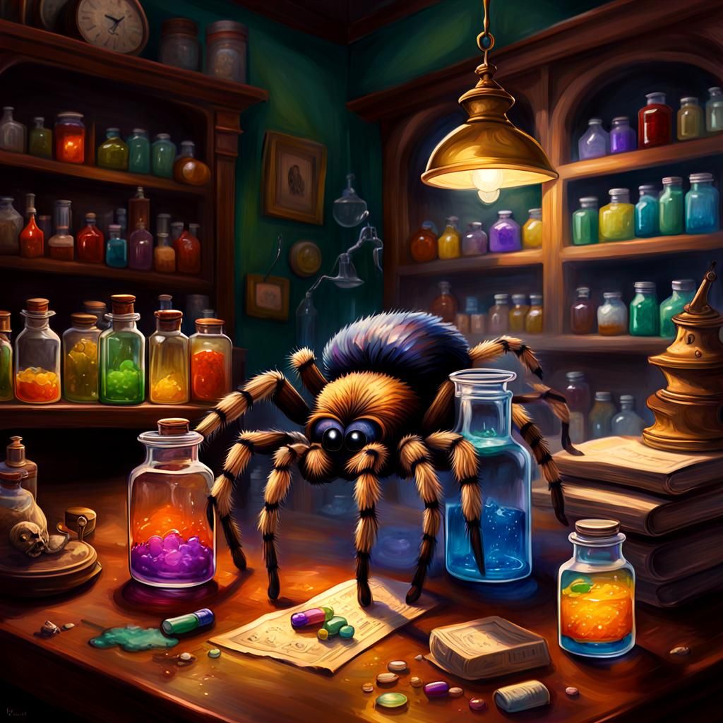 Apothecary Tarantula in Vibrant Oil Gouache Style