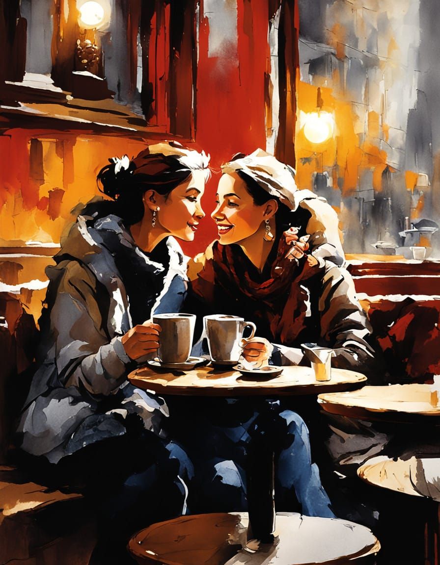 Stunning Watercolor Portrait of Happy Ladies in Cozy Coffees...