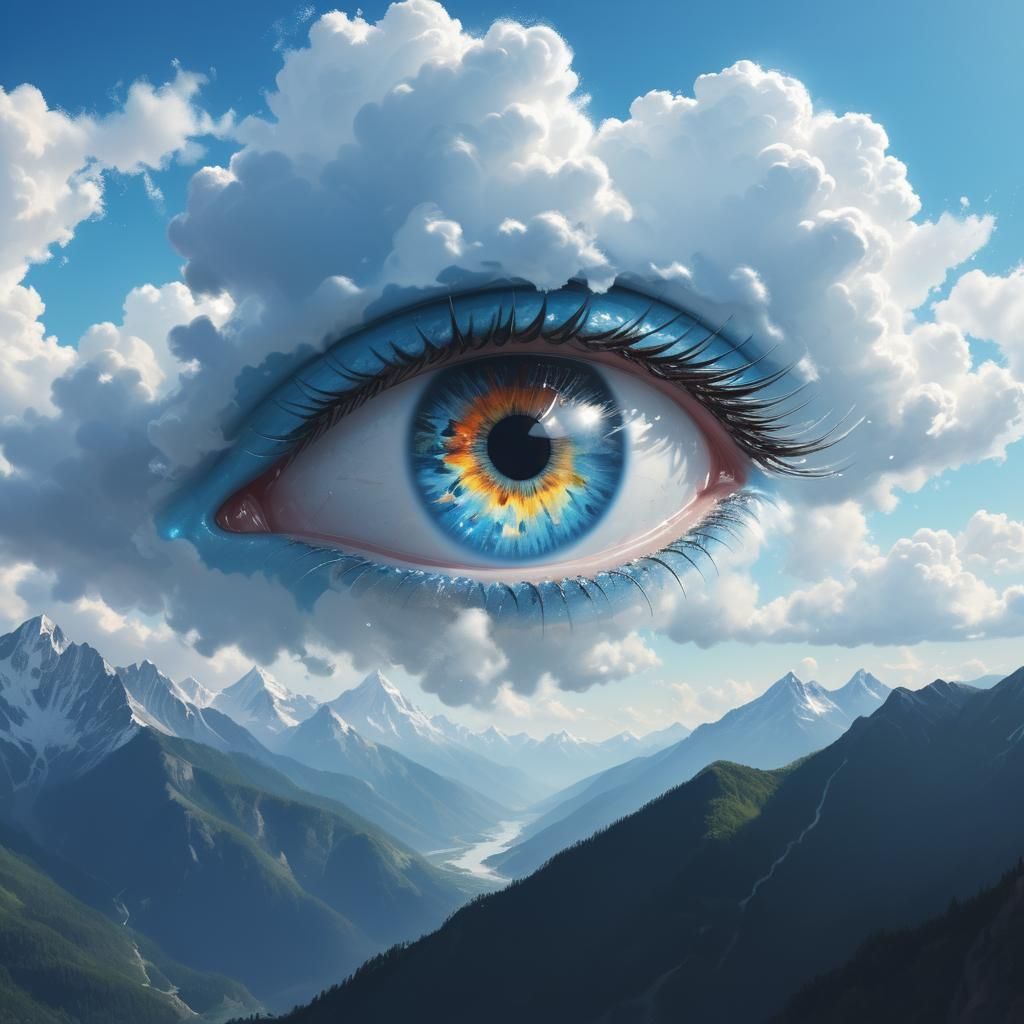 Hyperrealistic Eye Over Mountains in Splash Art Style